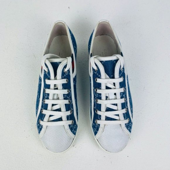 Gucci Blue Denim Monogrammed GG Logo Leather Trim Low Top Tennis Trainers UK 3 - Picture 4 of 10